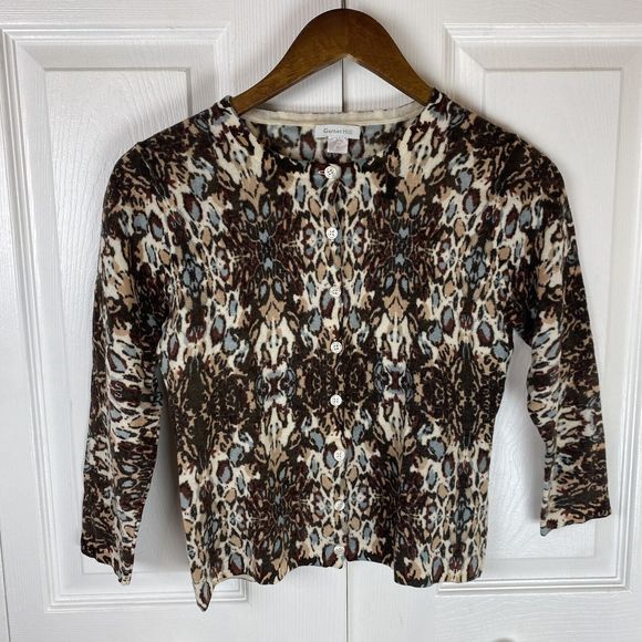 Garnet Hill S Sweater Cardigan Floral Abstract 100% Merino Wool 3/4 Sleeves - Picture 1 of 4